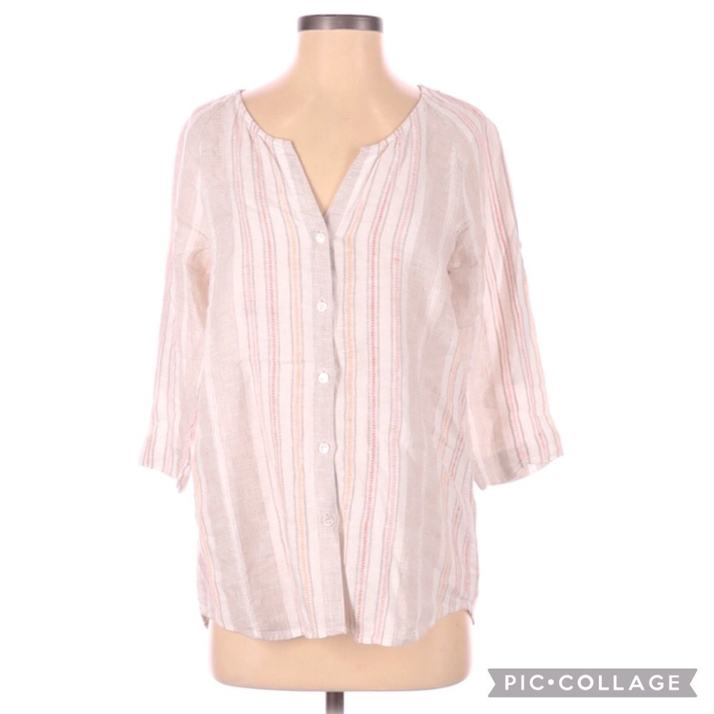 J. Jill Linen Striped 3/4 Sleeve Button Up Blouse